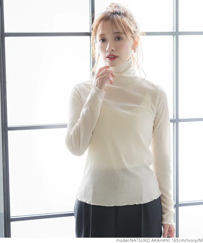 日本 COCA - 高領微透感長袖內搭/上衣-深藍