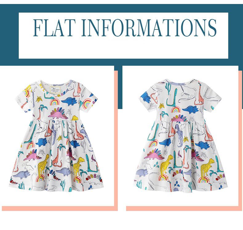 Jumping meters - 棉質圓領短袖洋裝-繽紛恐龍-白色