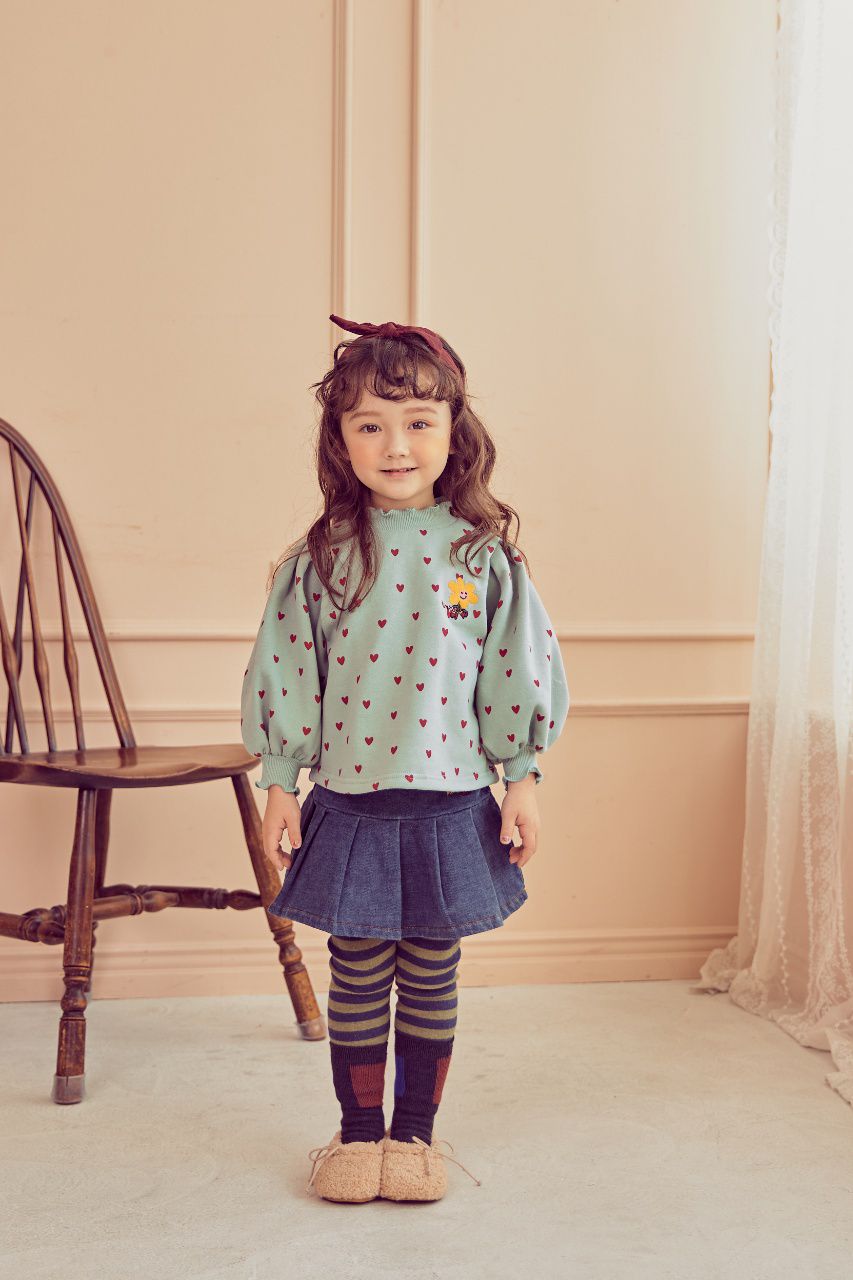 韓國 Mimico - (裏起毛)微笑花朵愛心泡泡袖T-薄荷綠