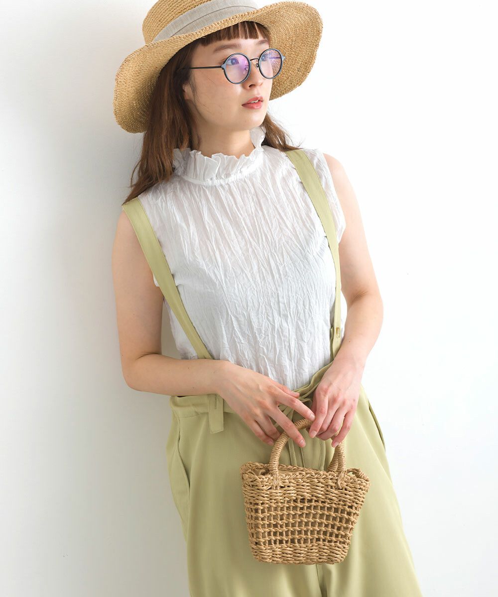 日本女裝代購 - 木耳領楊柳感無袖上衣-直條紋-深灰藍