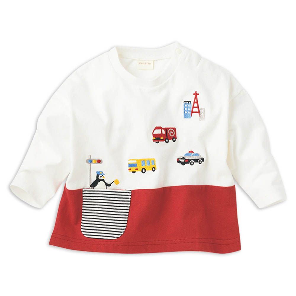 長袖T恤-拼接刺繡-紅色