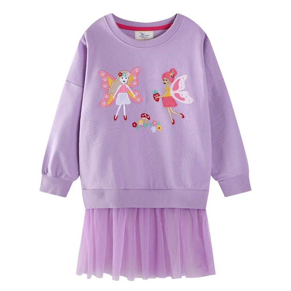 棉質圓領長袖連身網紗洋裝-蝴蝶仙子-紫色