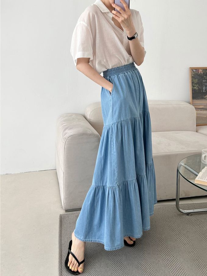 韓國女裝連線 - 鬆緊腰薄丹寧蛋糕長寬褲-中青 (FREE)