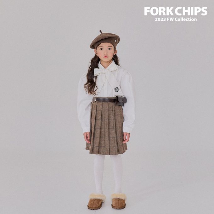 韓國 FORK CHIPS - 鬆緊腰混羊毛經典百褶及膝裙-咖啡棕