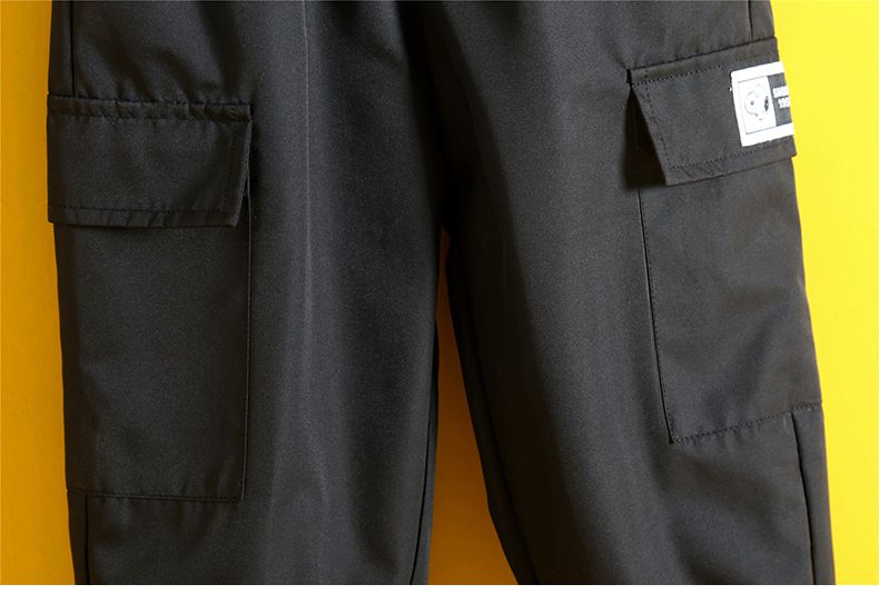 卡通人物史努比帥氣工裝長袖套裝(三件組)-黑色-背心+上衣+長褲