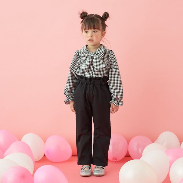 日本 Lycee mine - 大蝴蝶結優雅糖果袖襯衫-格子-卡其