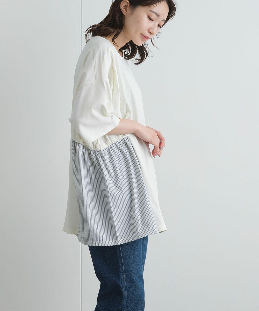 日本女裝代購 - 16支天竺棉拼接五分袖上衣-米白