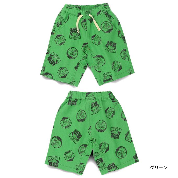 日本 BRANSHES - 純棉粗織透氣印花短褲-恐龍徽章-綠