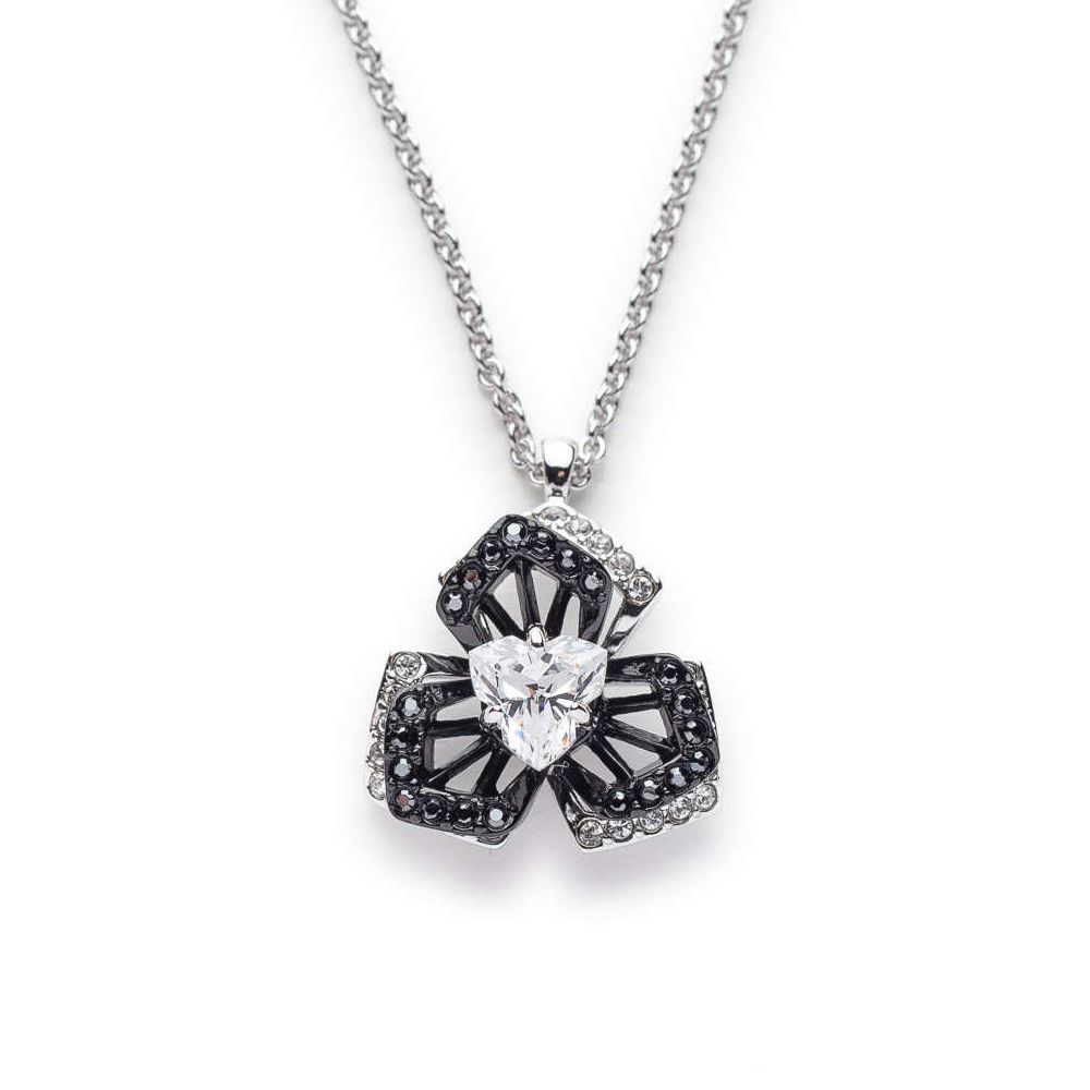 銀黑鑲鑽三瓣花朵墜鍊 (銀)