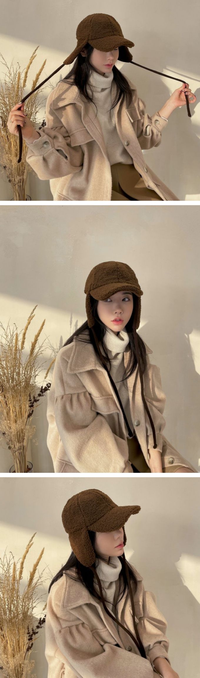 韓國 MAY - 羊羔絨毛護耳綁帶鴨舌帽-咖啡