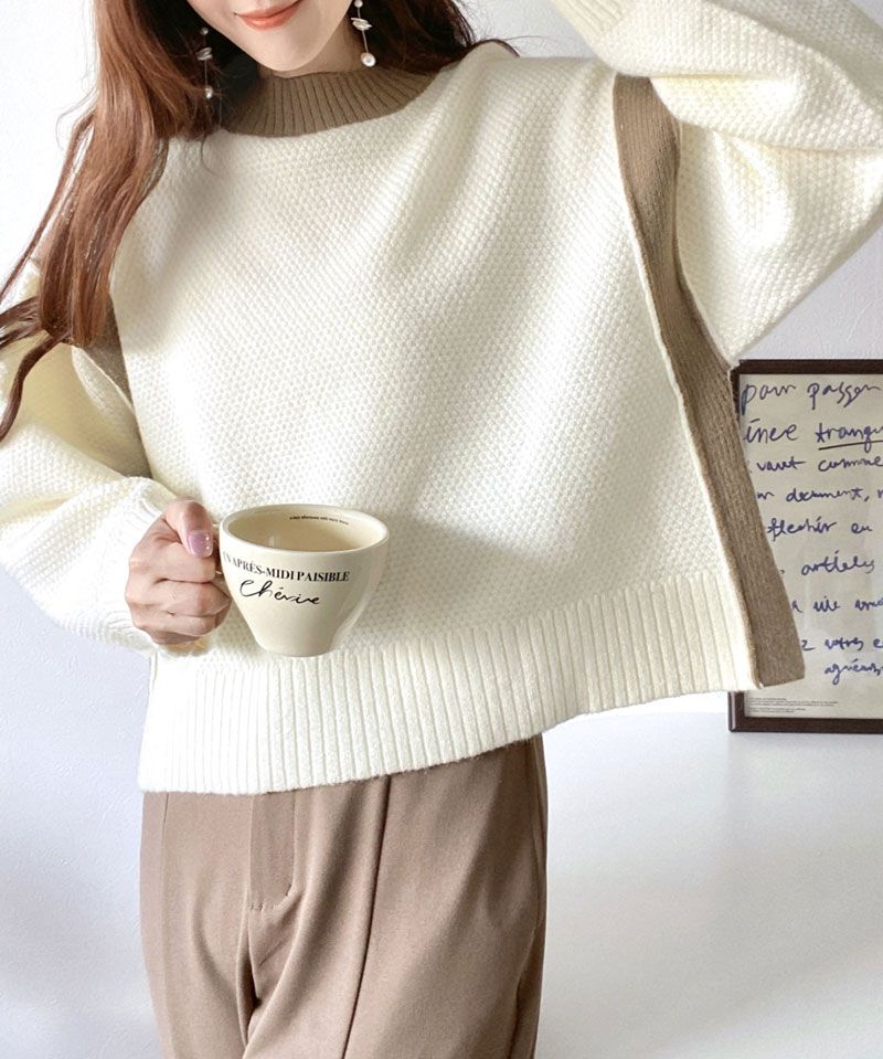 日本 Classical Elf - 撞色拼接寬鬆落肩毛衣-黑x杏