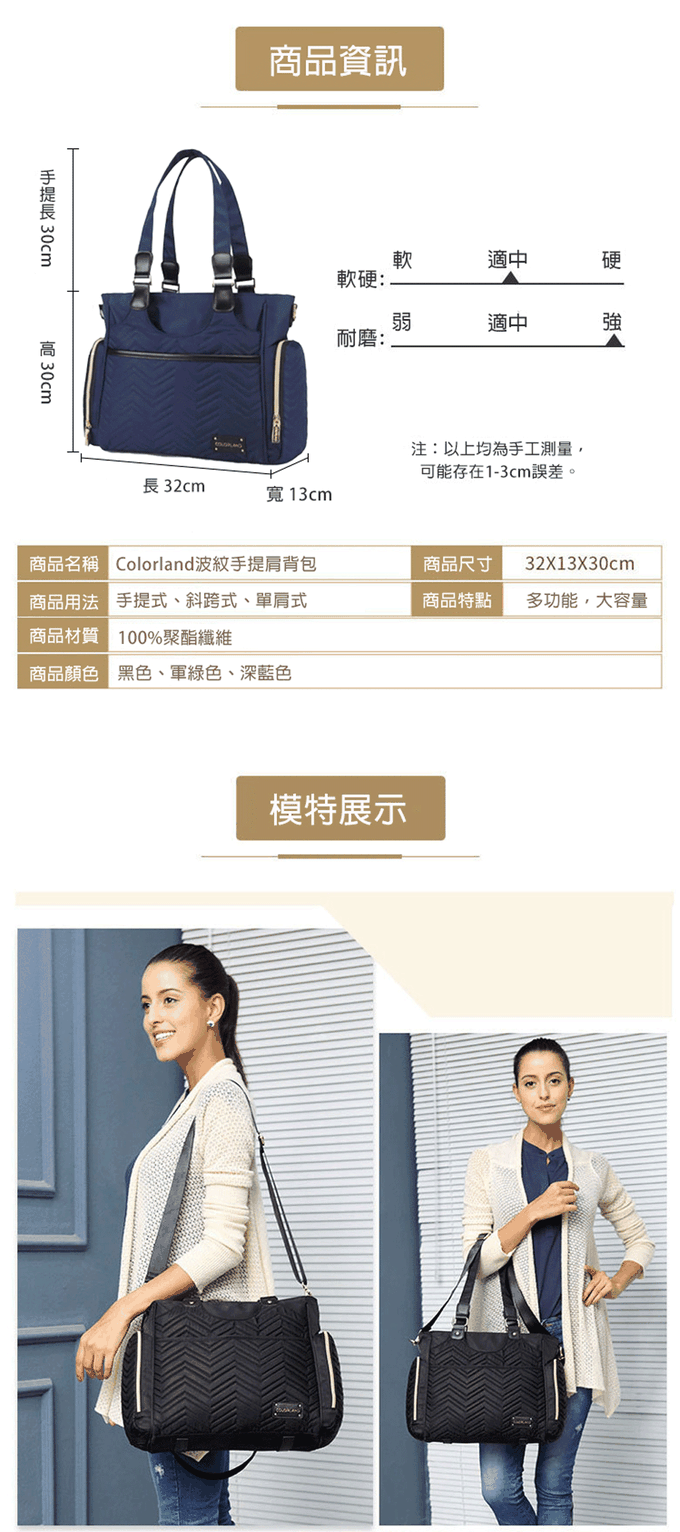 Colorland - 波紋手提包 中型時尚 附斜背帶-深藍色 (32*13*30cm)