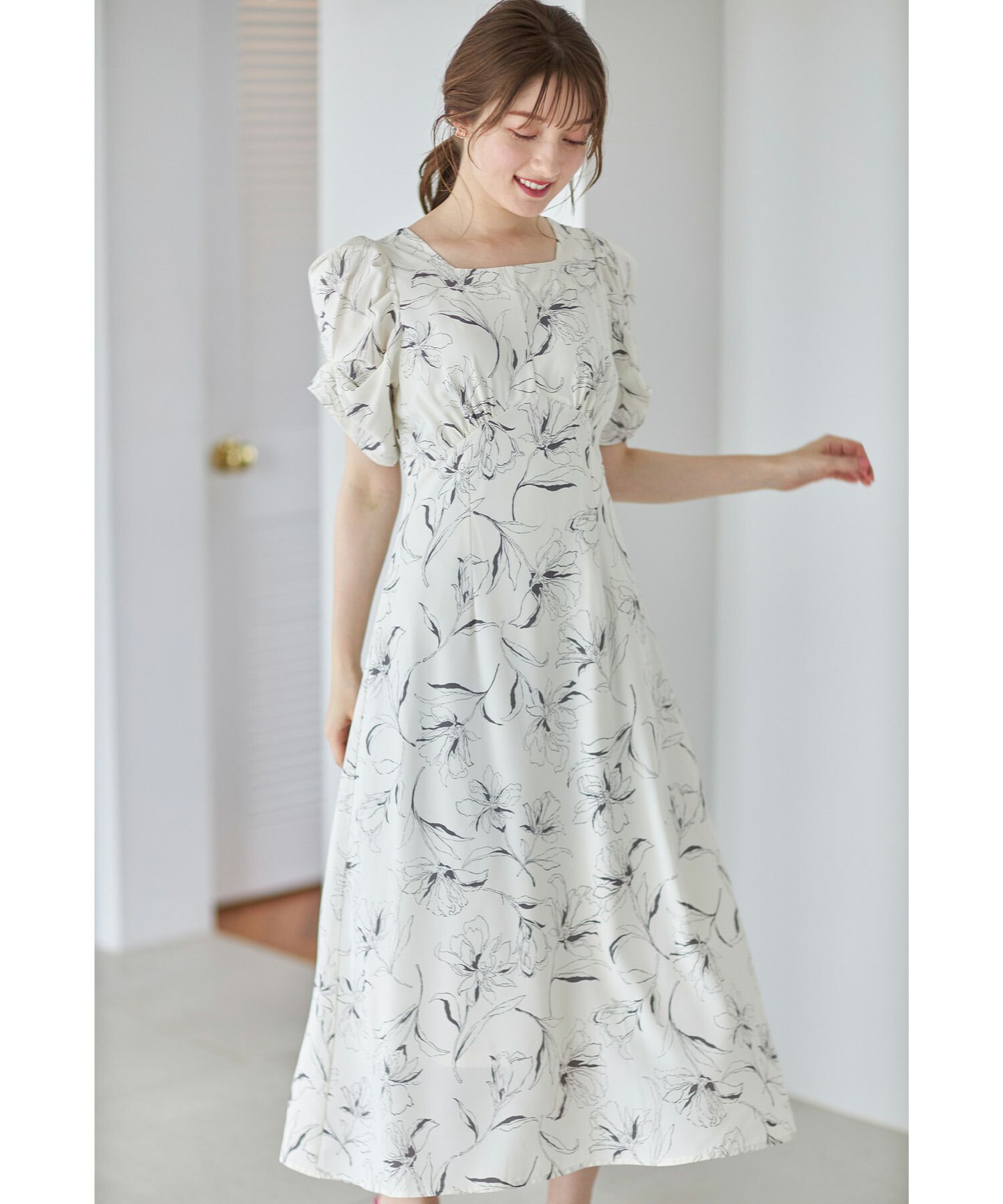 日本 tocco-closet - 典雅方領後綁帶泡泡袖洋裝-純潔百合-春芽綠