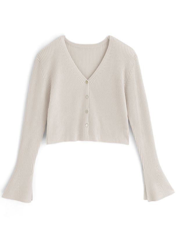 日本 GRL - 早春款V領花朵袖羅紋上衣/薄外套-天使白