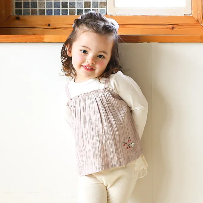 日本 ZOOLAND - 假二件典雅緹花長袖上衣-櫻桃刺繡-炭灰