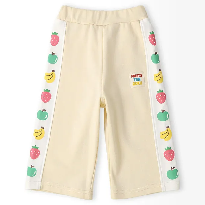 日本 ZOOLAND - 水果樂園 繽紛側邊條裏毛長褲-奶油米