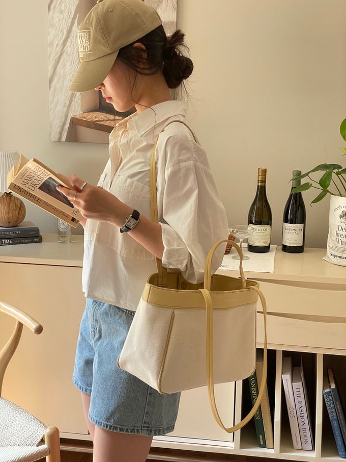 韓國 THEALLY - 經典帆布包手提/肩背包-奶油黃