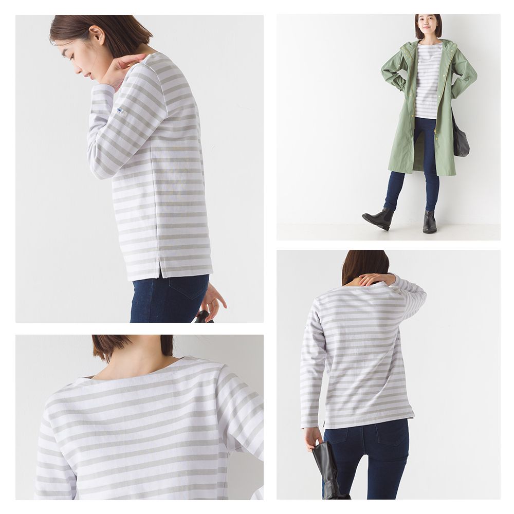 日本 OMNES - 顯瘦船領純棉薄長袖上衣-條紋-杏x白