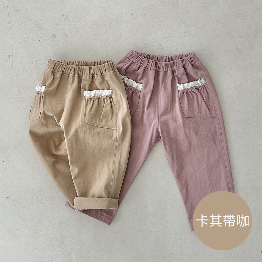 MILKPOWDER 鬆緊腰口袋蕾絲裝飾長褲-卡其帶咖