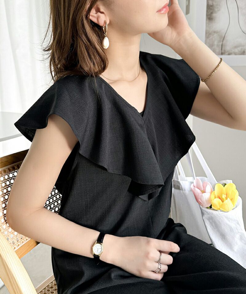 日本 Classical Elf - 浪漫荷葉V領無袖連身褲-摩卡