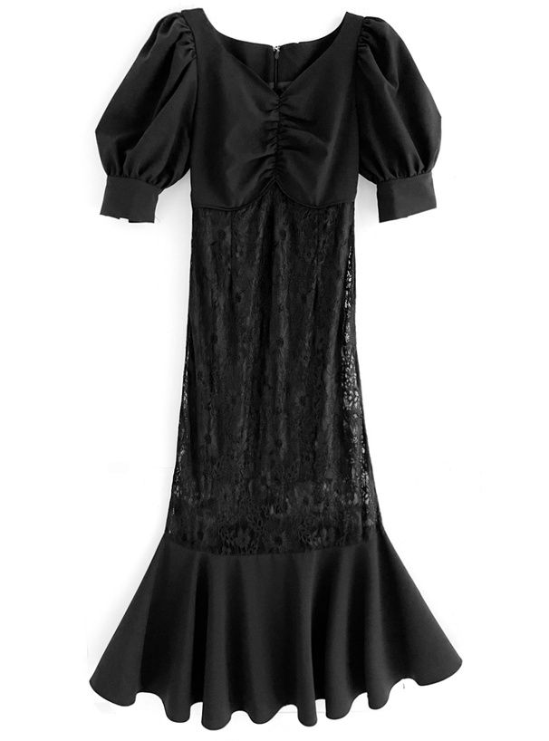 日本 GRL - 公主浪漫蕾絲拼接魚尾洋裝-經典黑