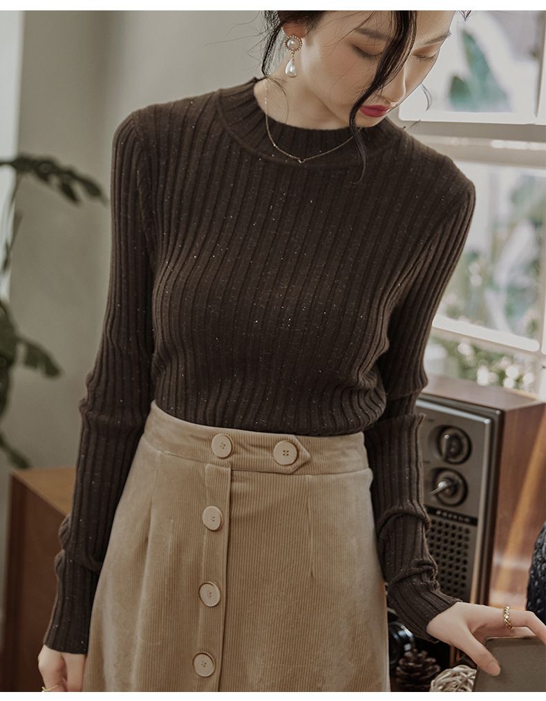 優雅百搭坑條修身針織上衣-咖啡色