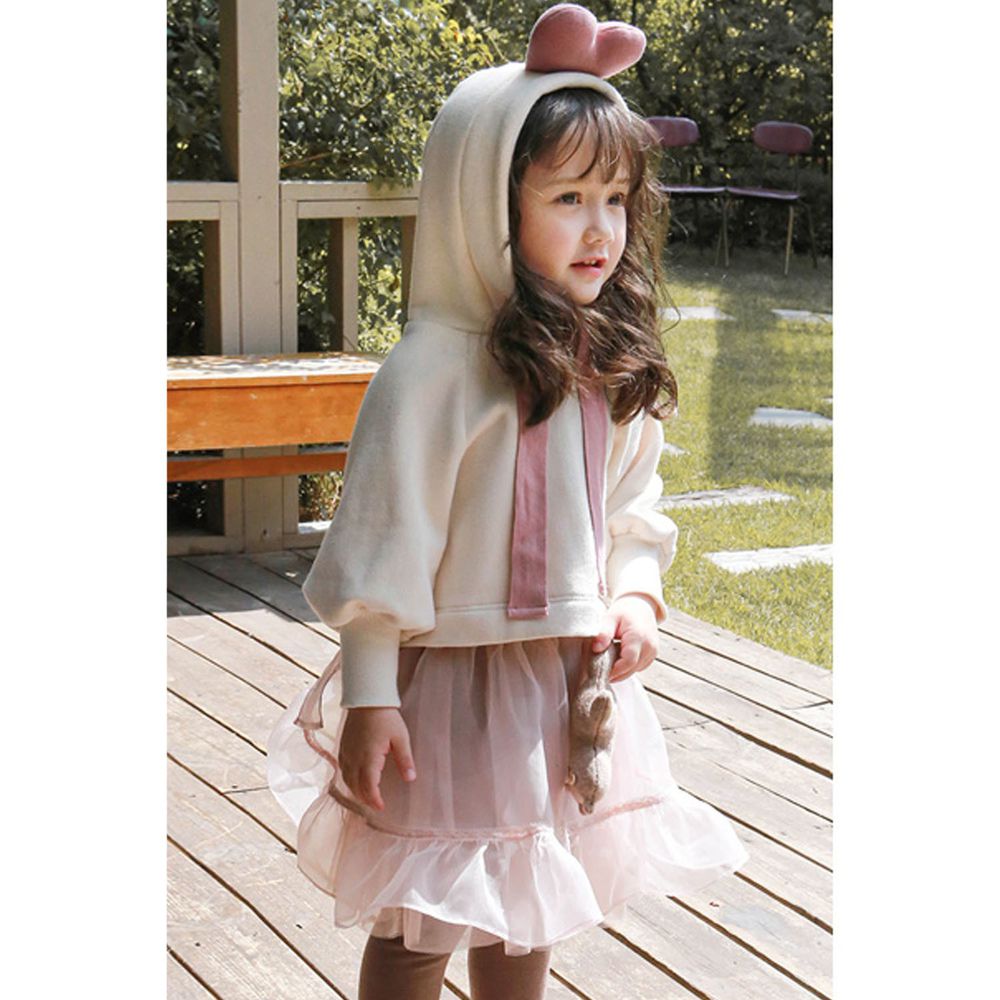 韓國 Puellaflo - (現省$50)愛心連帽飛鼠T(不含帽繩)+網紗褲裙-米白X粉紅
