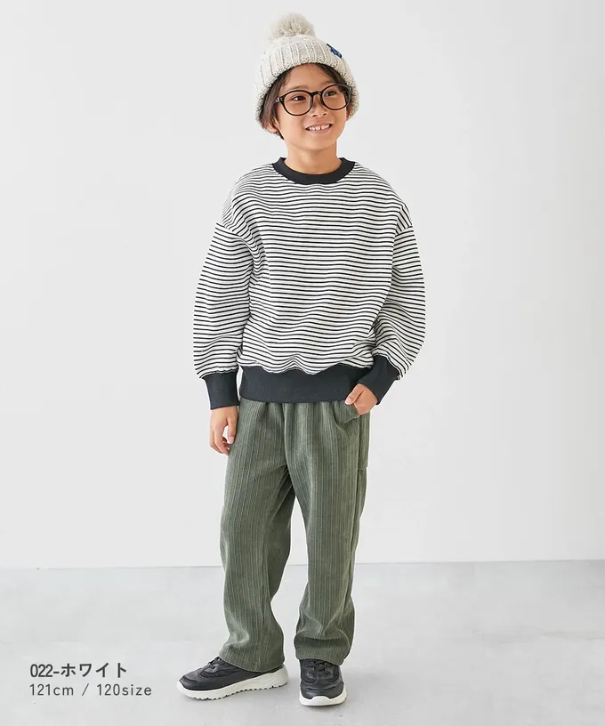 日本 devirock - 裏起毛 百搭條紋大學長袖上衣-森林綠