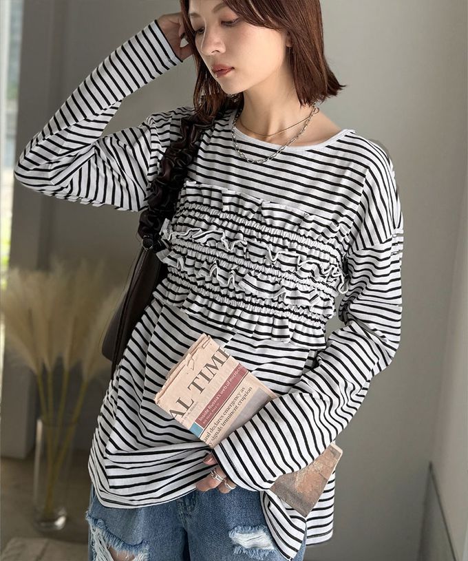 日本 Classical Elf - 時尚造型圓領長袖上衣(附荷葉腰帶)-黑