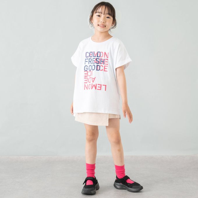 日本 petit main - 100%棉 開衩印花短袖上衣-可愛貓貓-黑