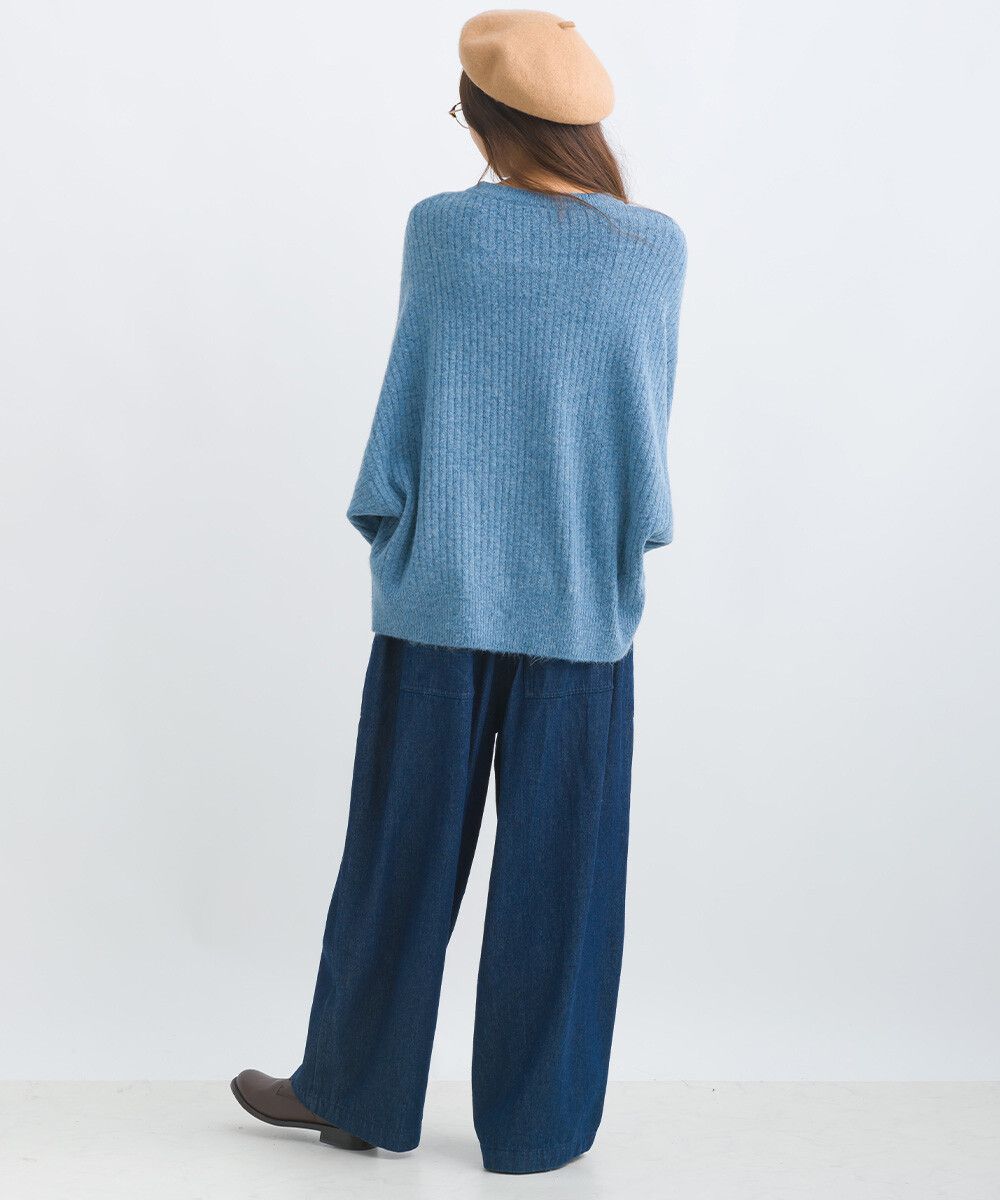 日本女裝代購 - 大寬袖圓領混色針織上衣-米黃