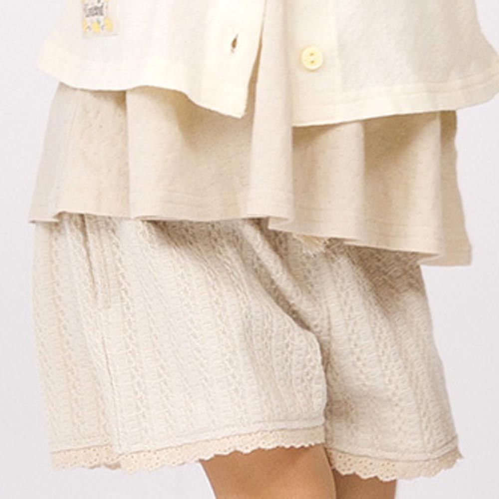 日本 ZOOLAND - 甜美裝飾綁帶緹花短褲-檸檬刺繡-淺卡其