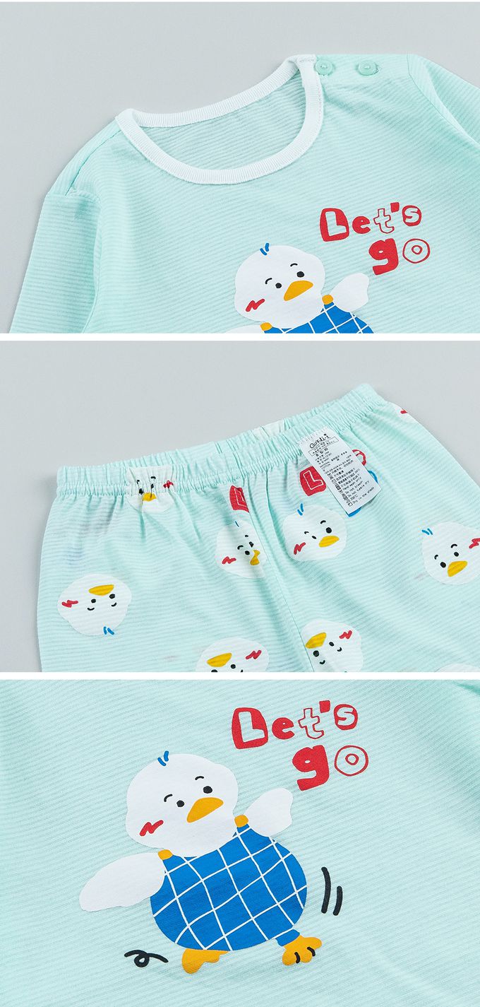 韓國 Cordi-i - 無螢光棉透氣緹花長袖家居服-散步小鴨-湖綠