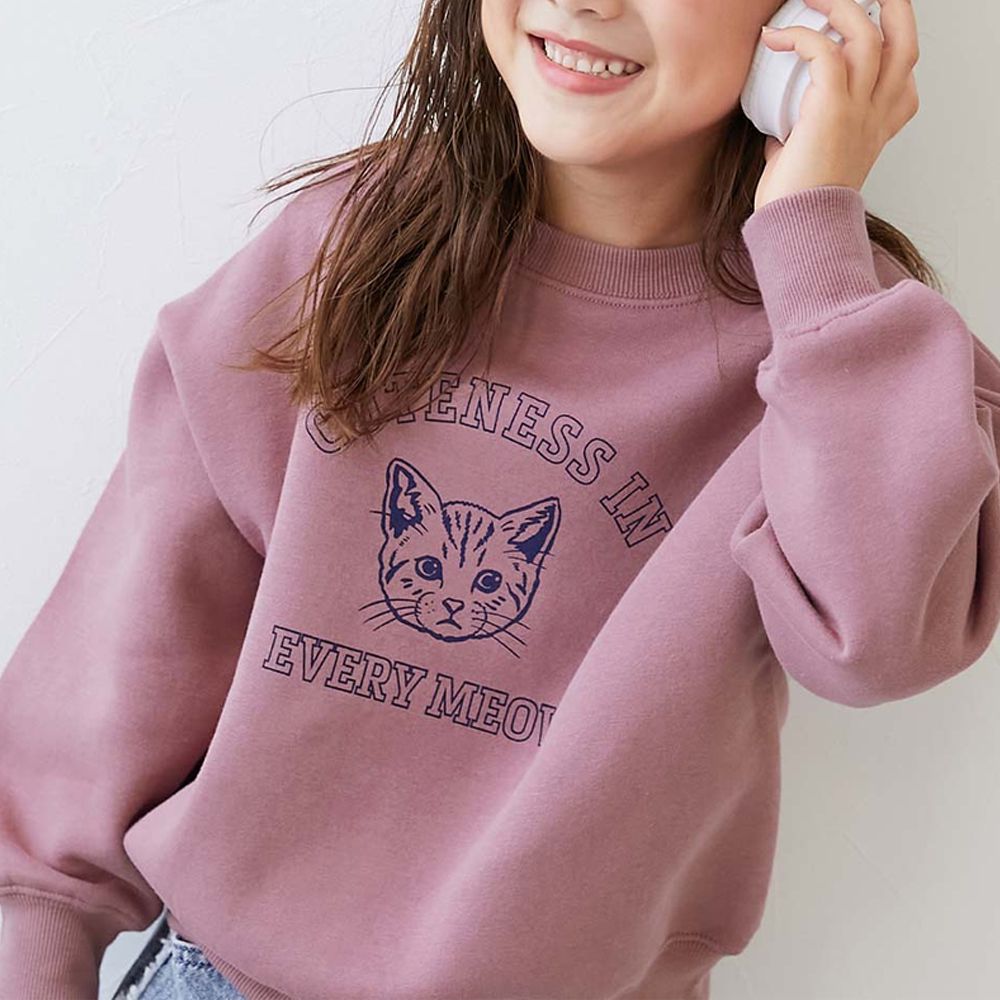 裏起毛動物印花大學T-貓咪臉-復古粉