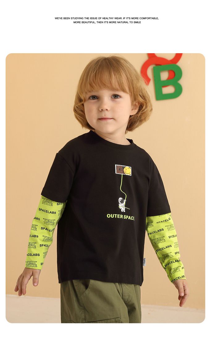 圓領假兩件長袖上衣-漂浮太空人-黑+螢光綠色