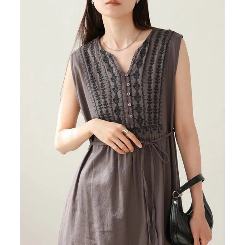 100%印度棉刺繡腰綁帶無袖洋裝-炭灰