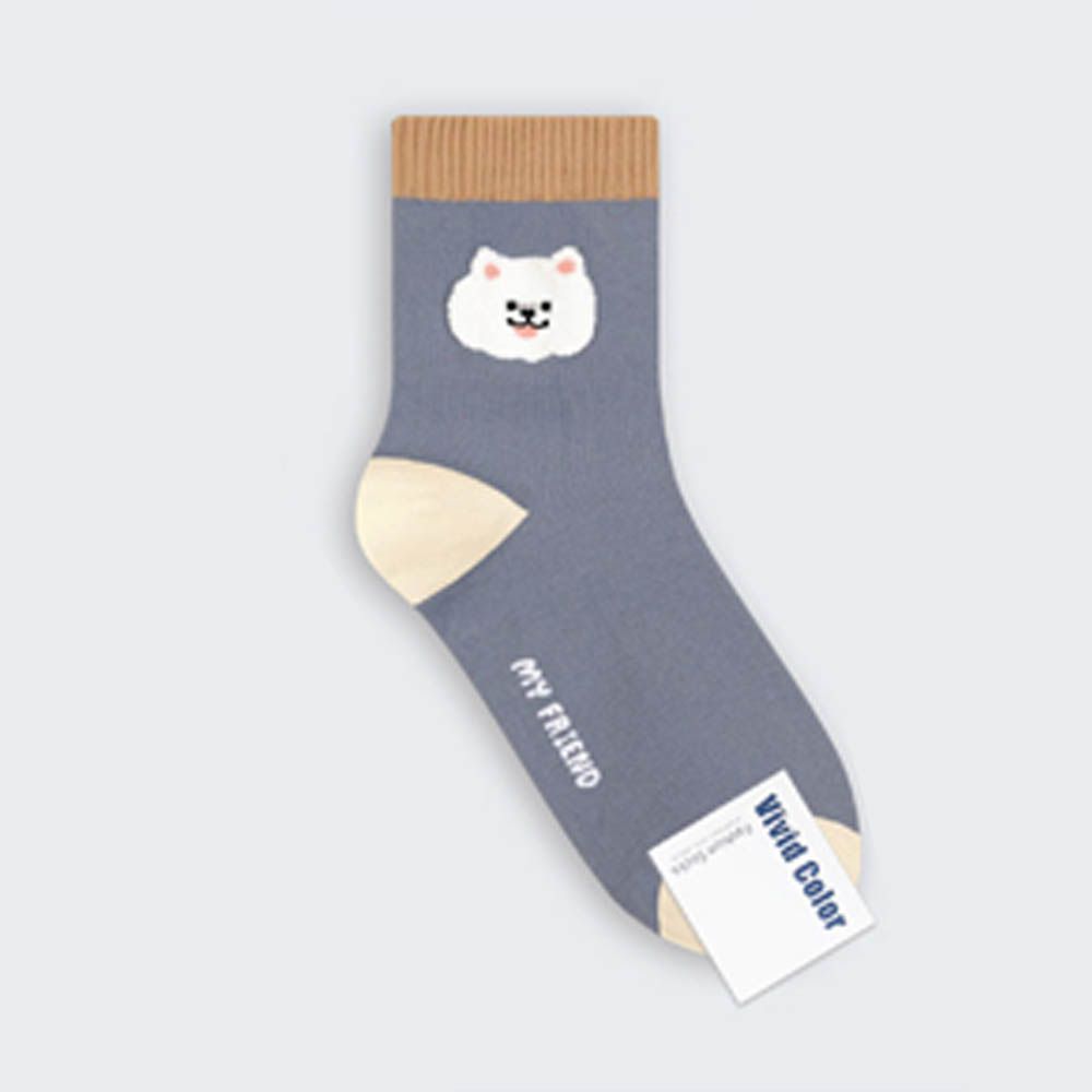 韓製動物毛巾繡彈性中筒襪-狗狗-灰藍 (23-25cm)-1雙