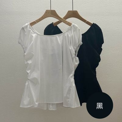 韓國女裝連線 - 顯瘦後背抓褶造型包袖襯衫-黑 (FREE)