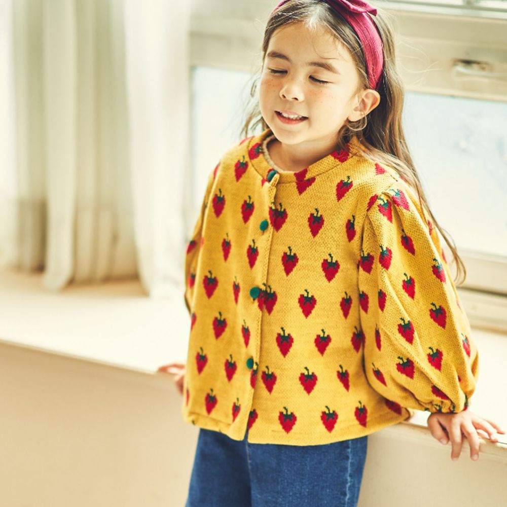 韓國 Mimico - 草莓泡泡袖針織外套-芥末黃