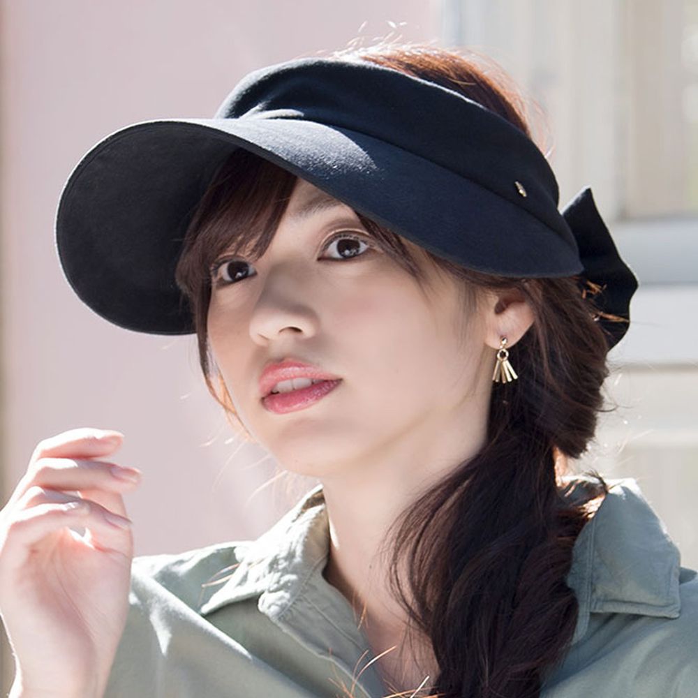 日本 irodori - 抗UV蝴蝶結緞帶網球帽-時尚黑 (M(56-58cm))