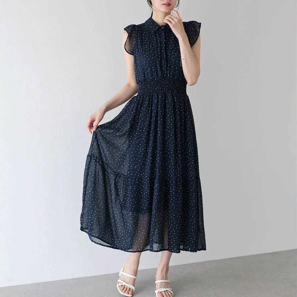 甜美雪紡束腰小荷葉短袖洋裝-點點-深藍 (M)