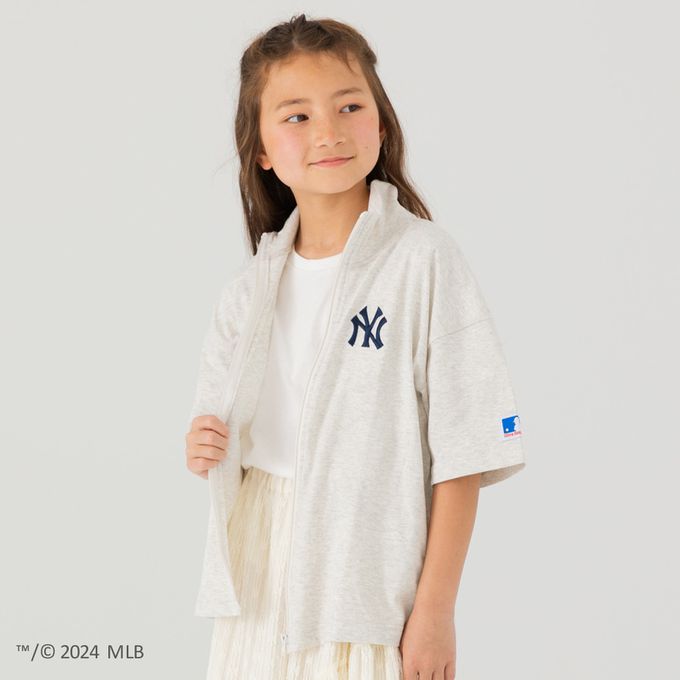 日本 Chil2 - MLB聯名 純棉立領短袖拉鍊上衣-紐約洋基-燕麥