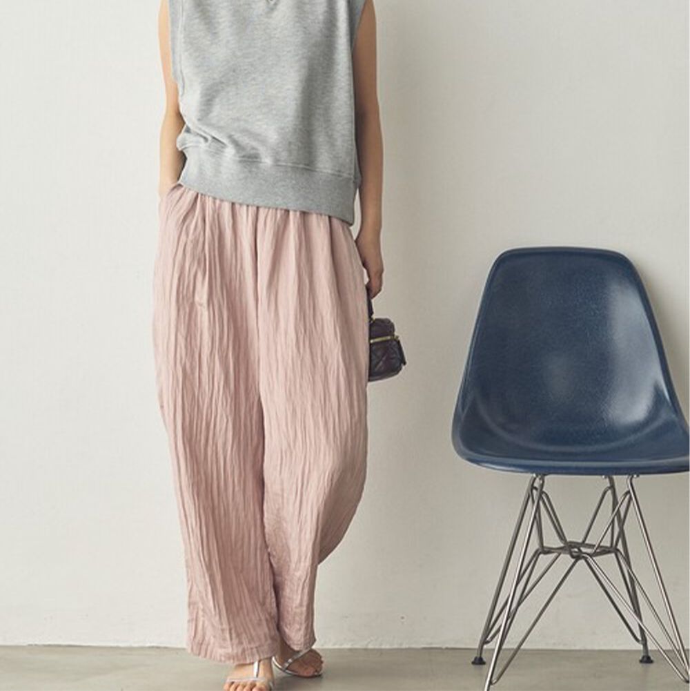飄逸皺摺柔滑緞面感長褲-粉紅