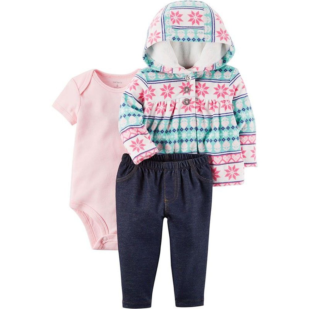 美國 Carter's - 嬰幼兒秋冬外套包屁衣長褲三件組-粉紅雪花