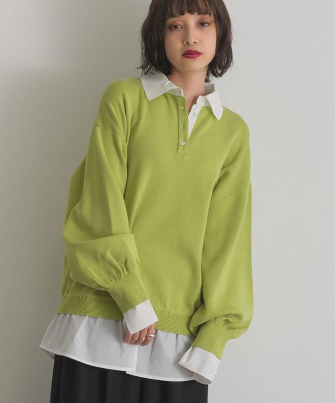 日本 ELENCARE DUE - 假二件襯衫領輕盈落肩長袖上衣-灰x藍