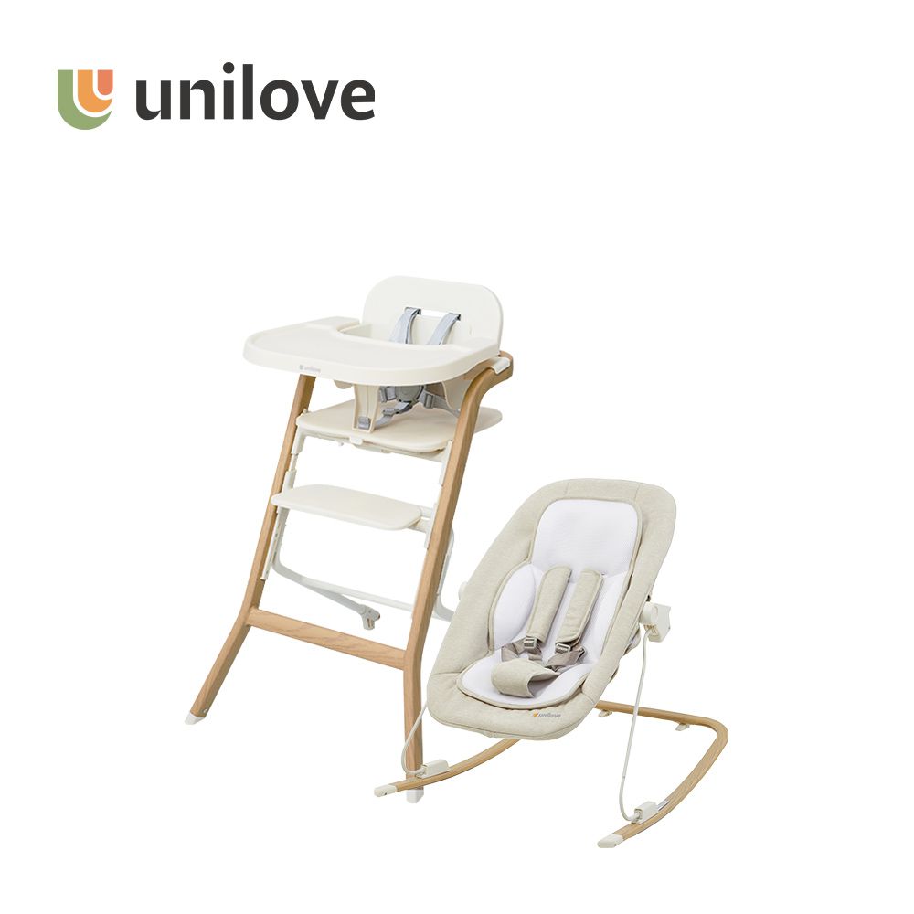 Unilove Akudo 嬰兒安撫搖椅+Grow With Me 兒童成長餐椅組合-含座布-奶蓋白