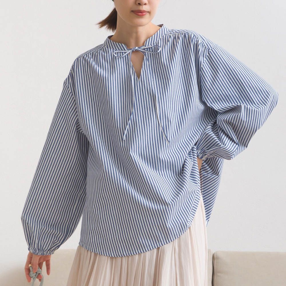 柔滑科技棉 俐落感綁帶澎袖上衣-條紋-藍