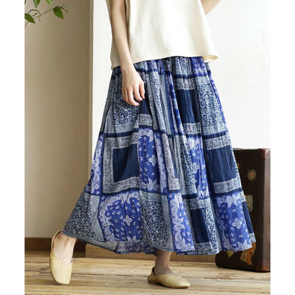 日本 zootie - 100%印度棉印花長裙-方塊圖騰-藍
