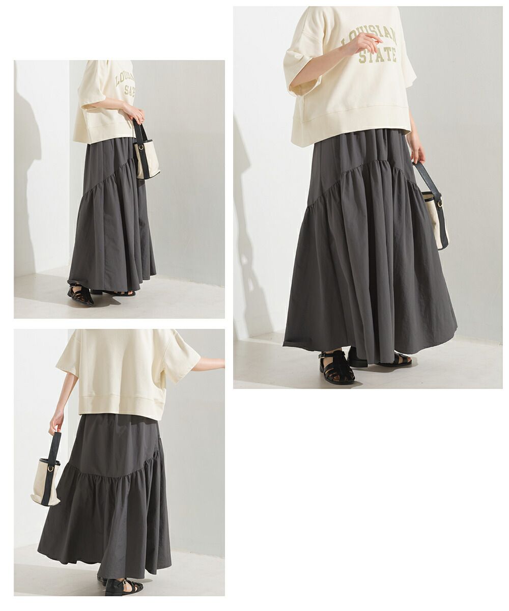 日本 OMNES - 不規則抓皺顯瘦修身長裙-卡其