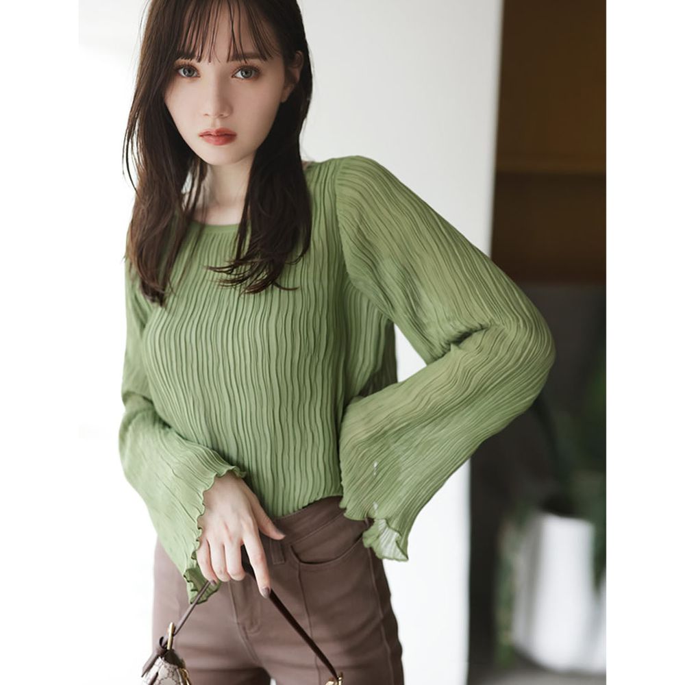日本 GRL - 水波紋寬袖設計微透膚長袖上衣-綠